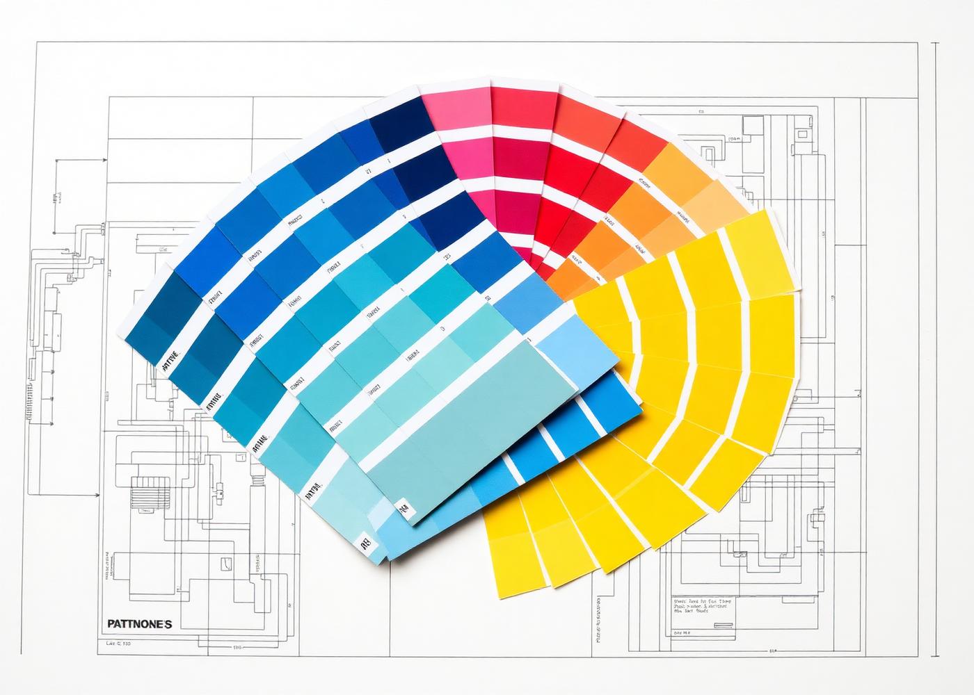 Pantone color fan and material samples on a technical drawing