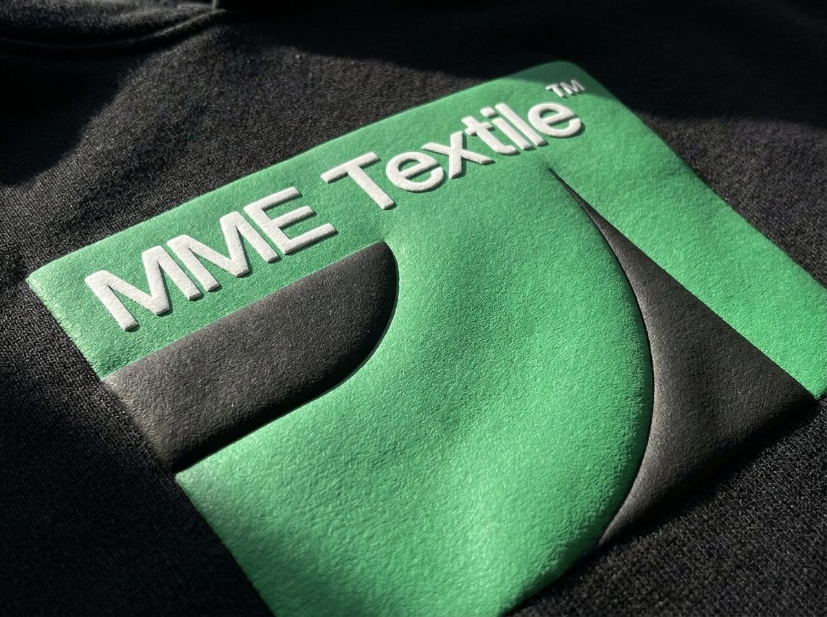 Close-up of a raised 3D puff print detail on a cotton hoodie