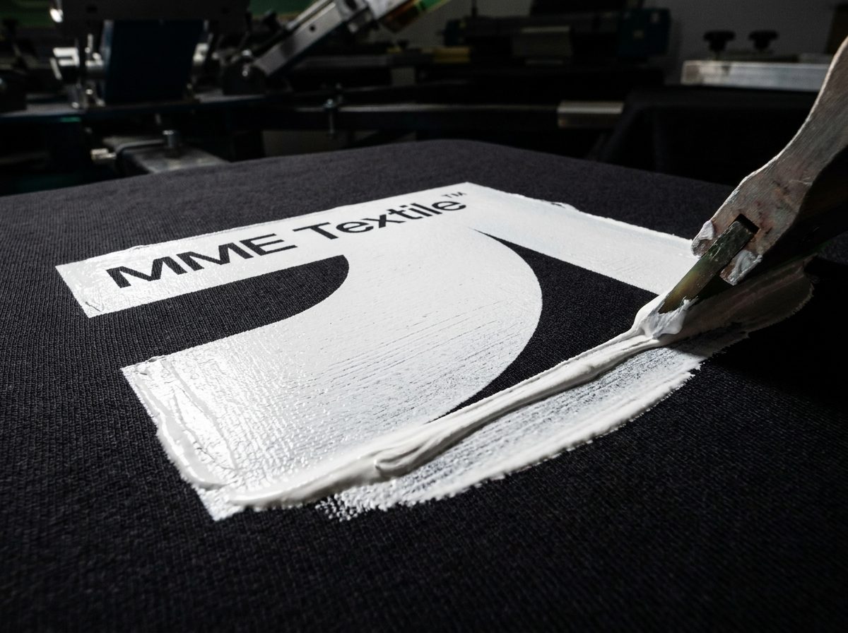 Screen printing a logo onto heavyweight black cotton t-shirts in production